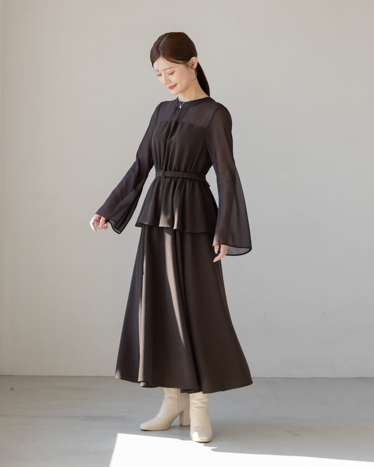 【SPECIAL10%OFF】ペプラムシフォンボリュームワンピース
