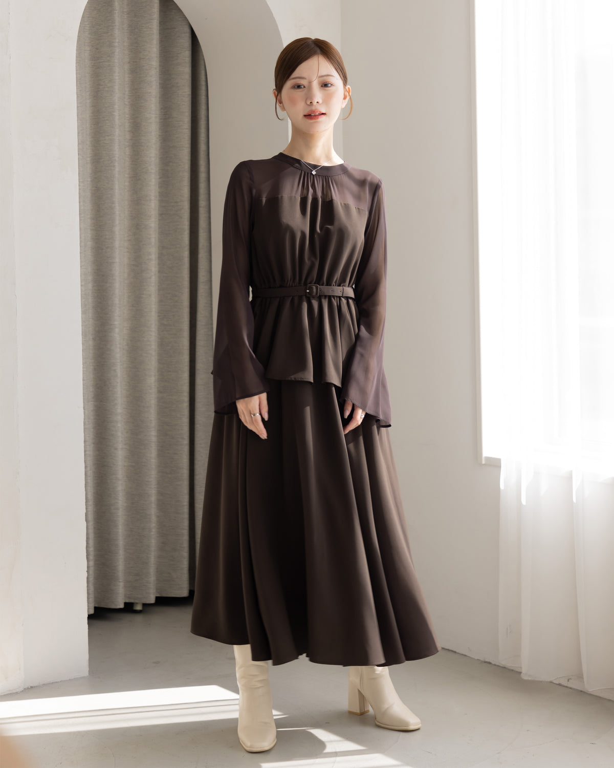 【SPECIAL10%OFF】ペプラムシフォンボリュームワンピース