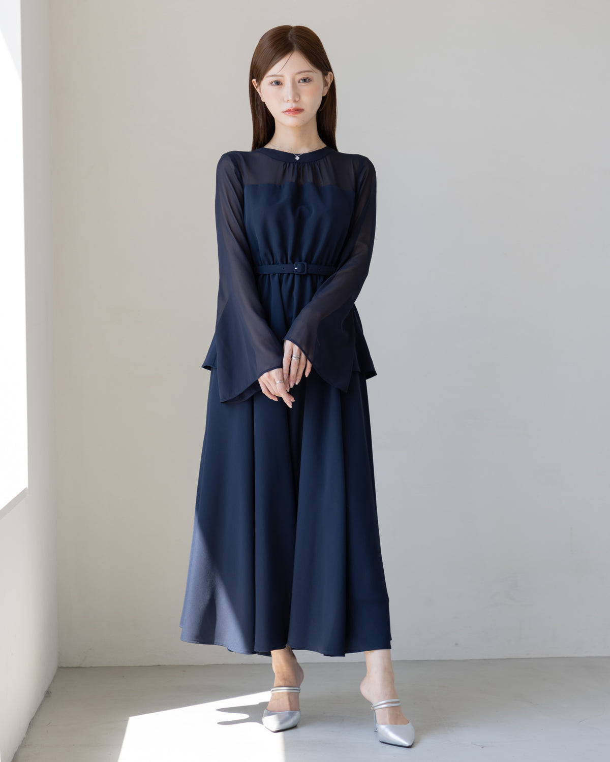 【SPECIAL10%OFF】ペプラムシフォンボリュームワンピース