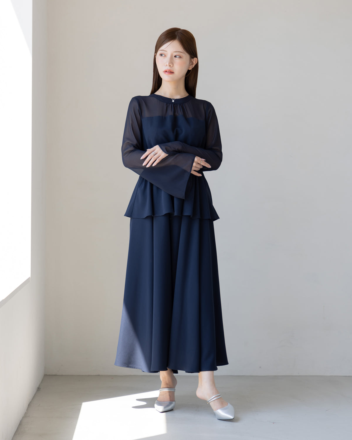 【SPECIAL10%OFF】ペプラムシフォンボリュームワンピース
