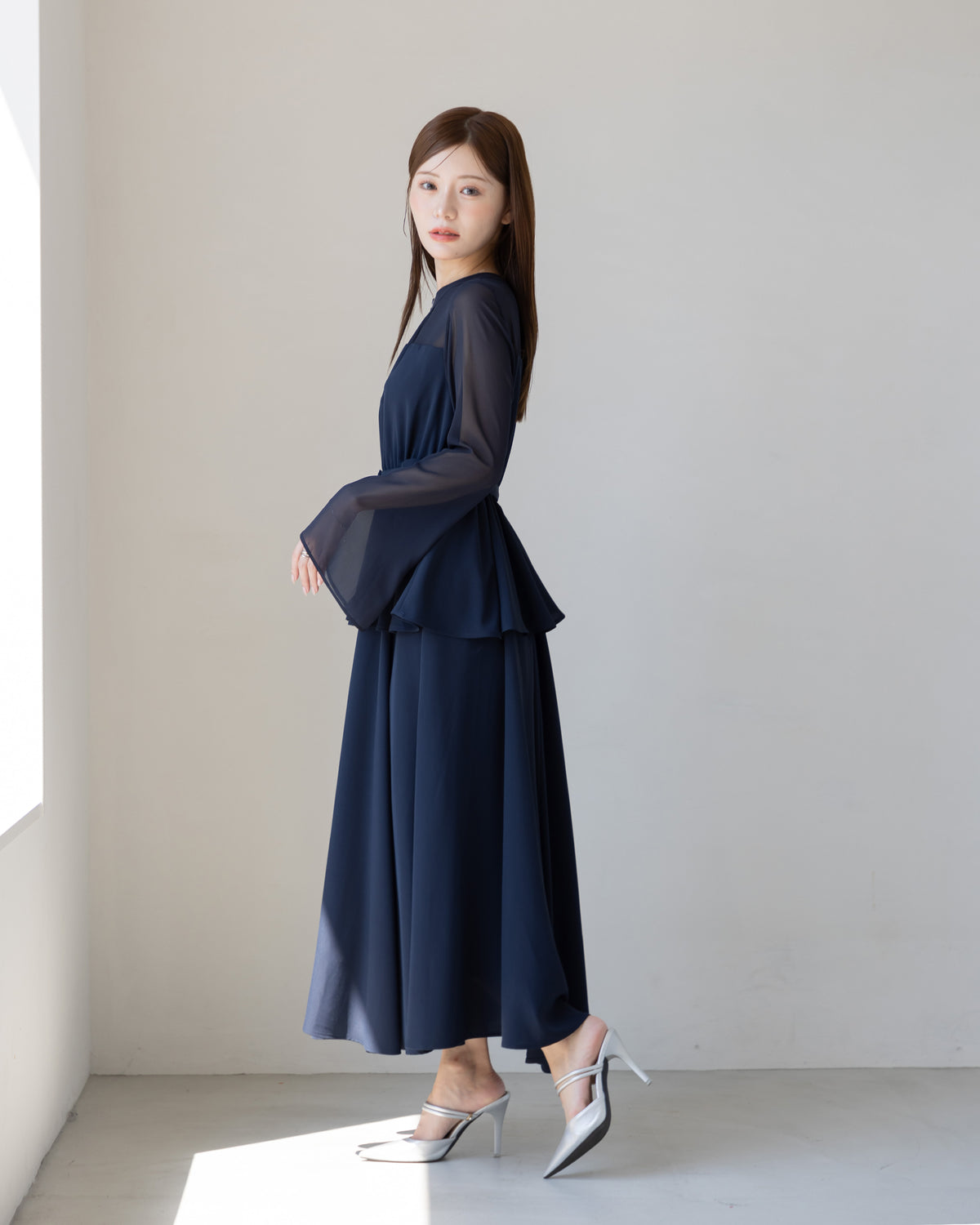 【SPECIAL10%OFF】ペプラムシフォンボリュームワンピース