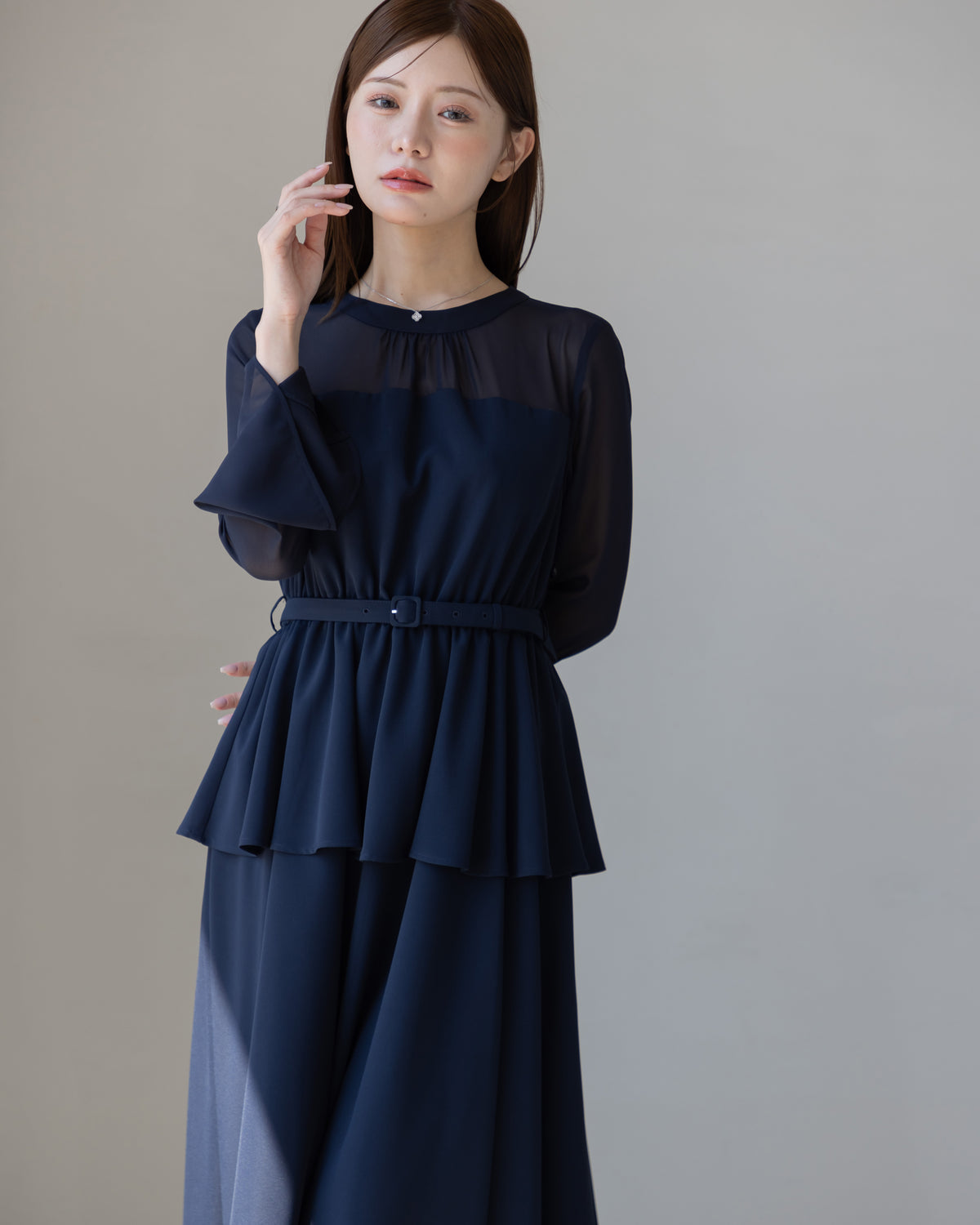 【SPECIAL10%OFF】ペプラムシフォンボリュームワンピース