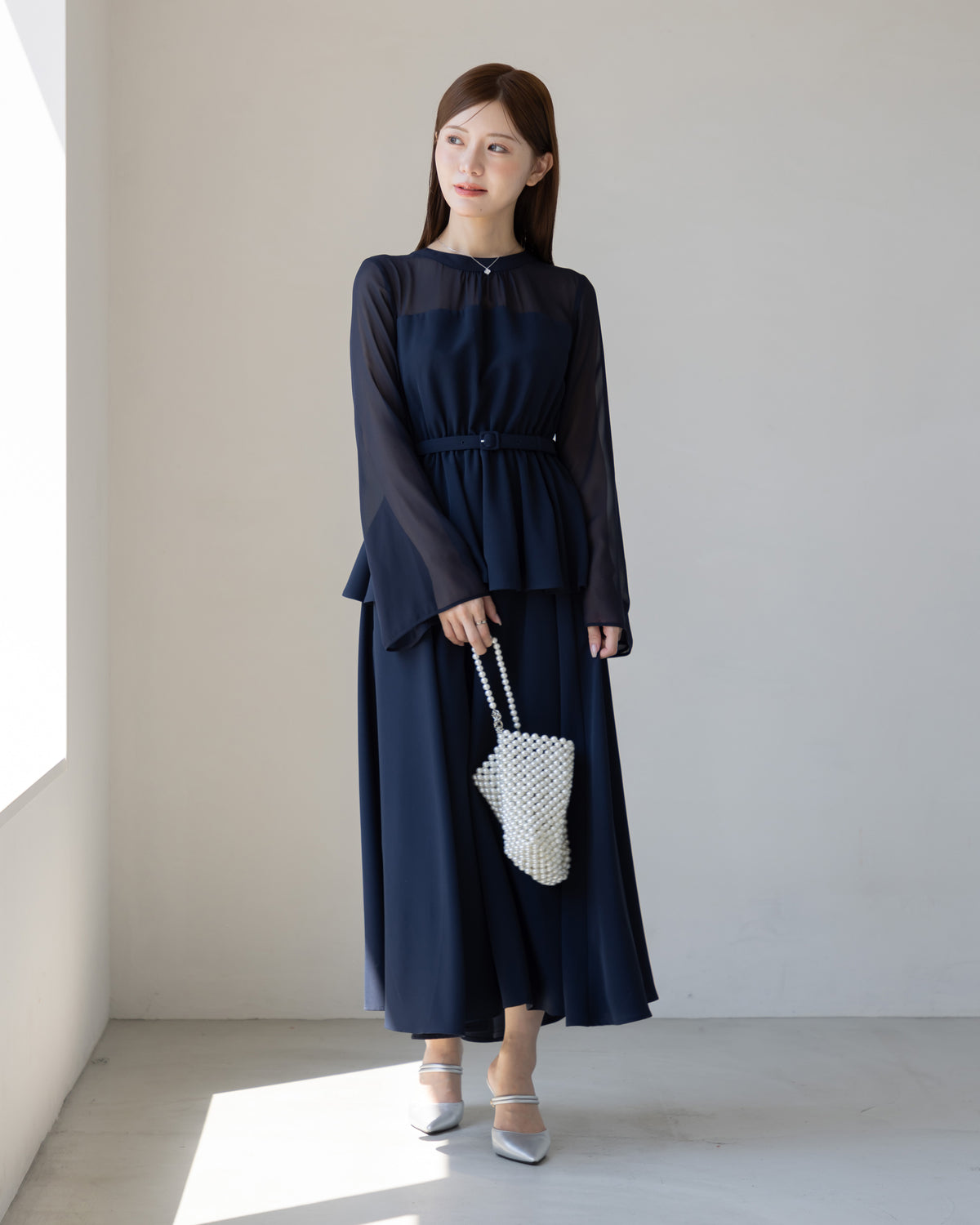 【SPECIAL10%OFF】ペプラムシフォンボリュームワンピース