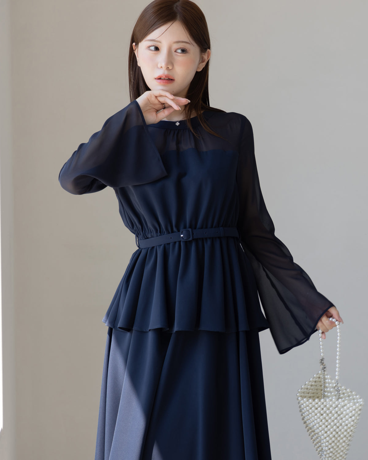 【SPECIAL10%OFF】ペプラムシフォンボリュームワンピース