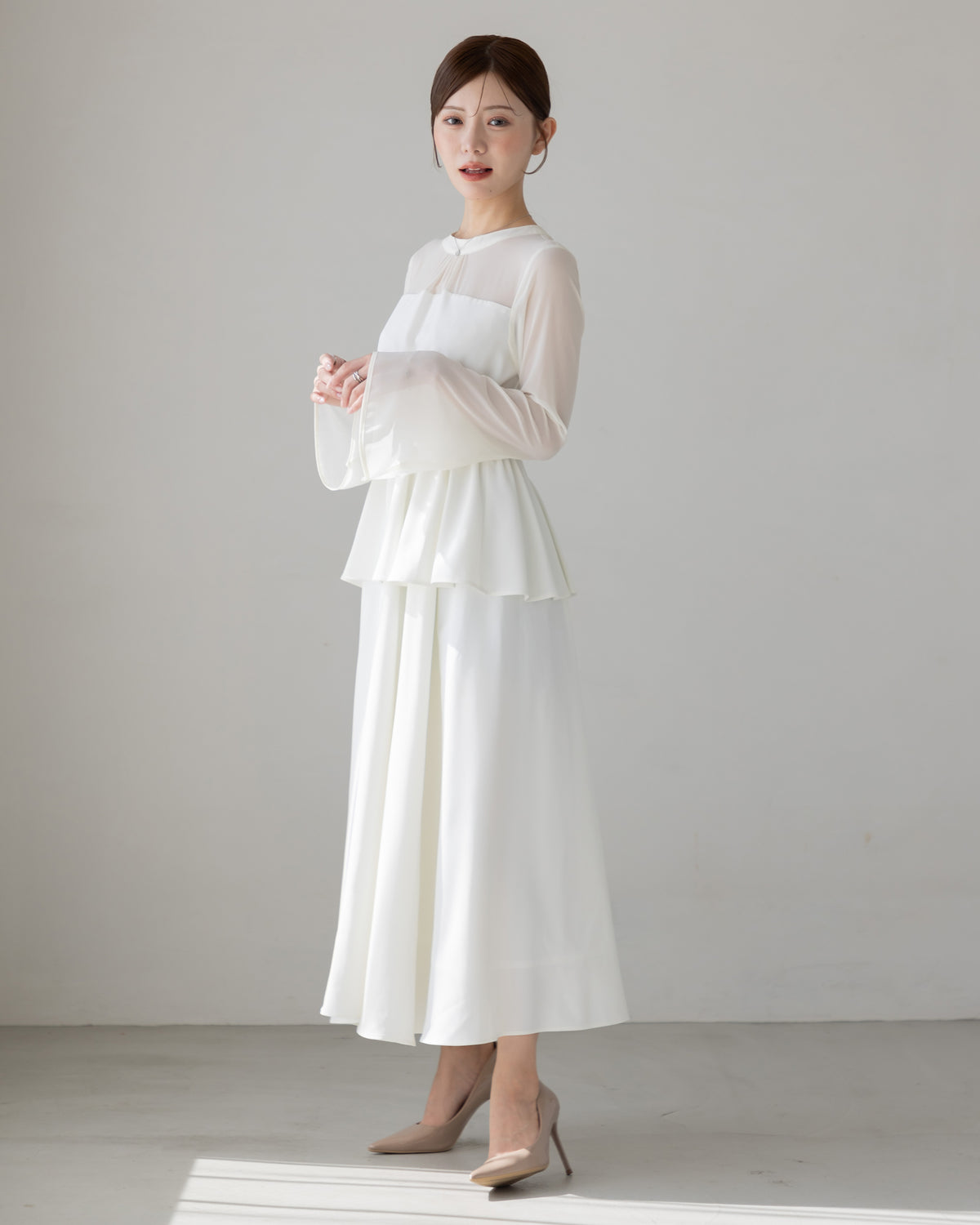 【SPECIAL10%OFF】ペプラムシフォンボリュームワンピース