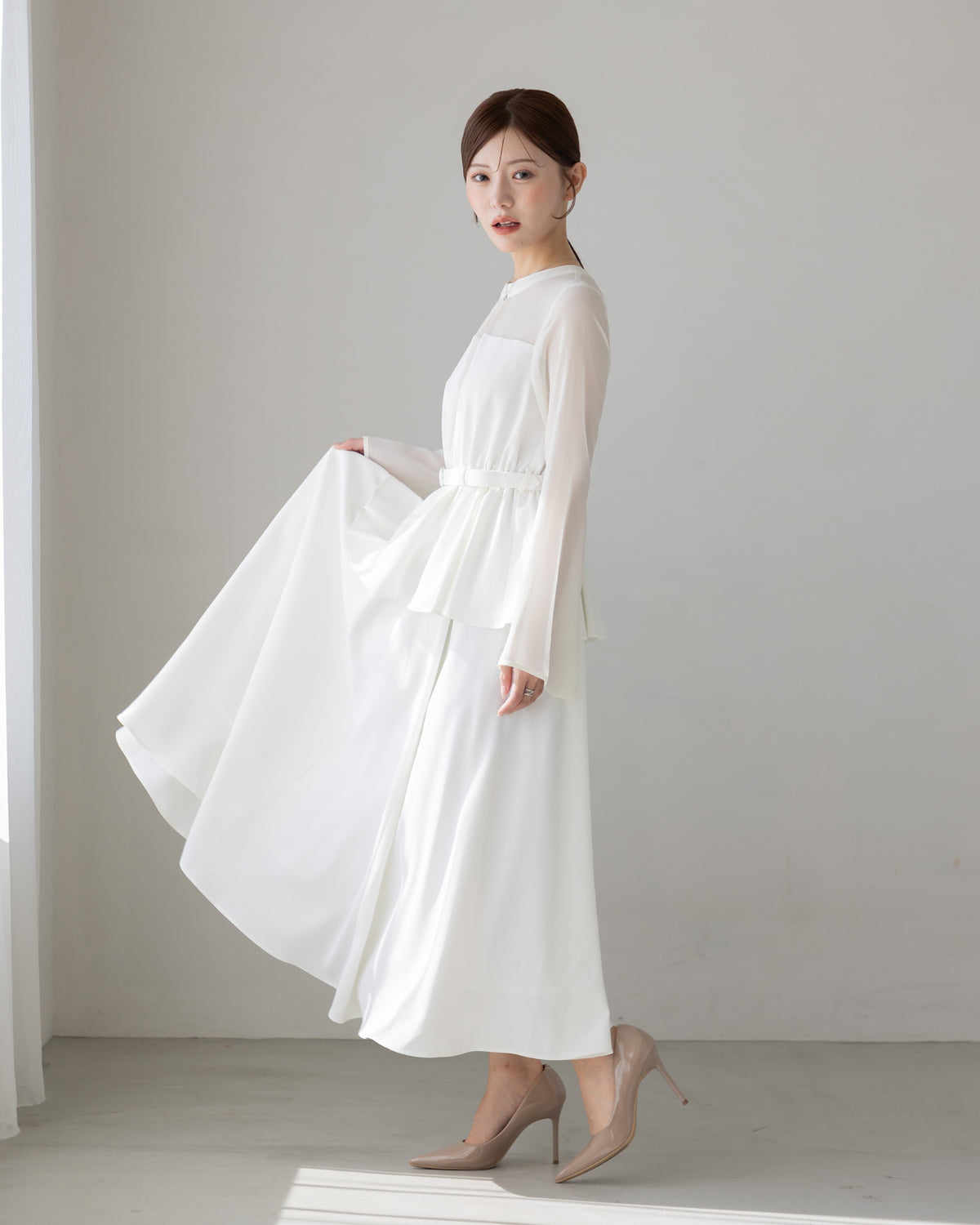 【SPECIAL10%OFF】ペプラムシフォンボリュームワンピース