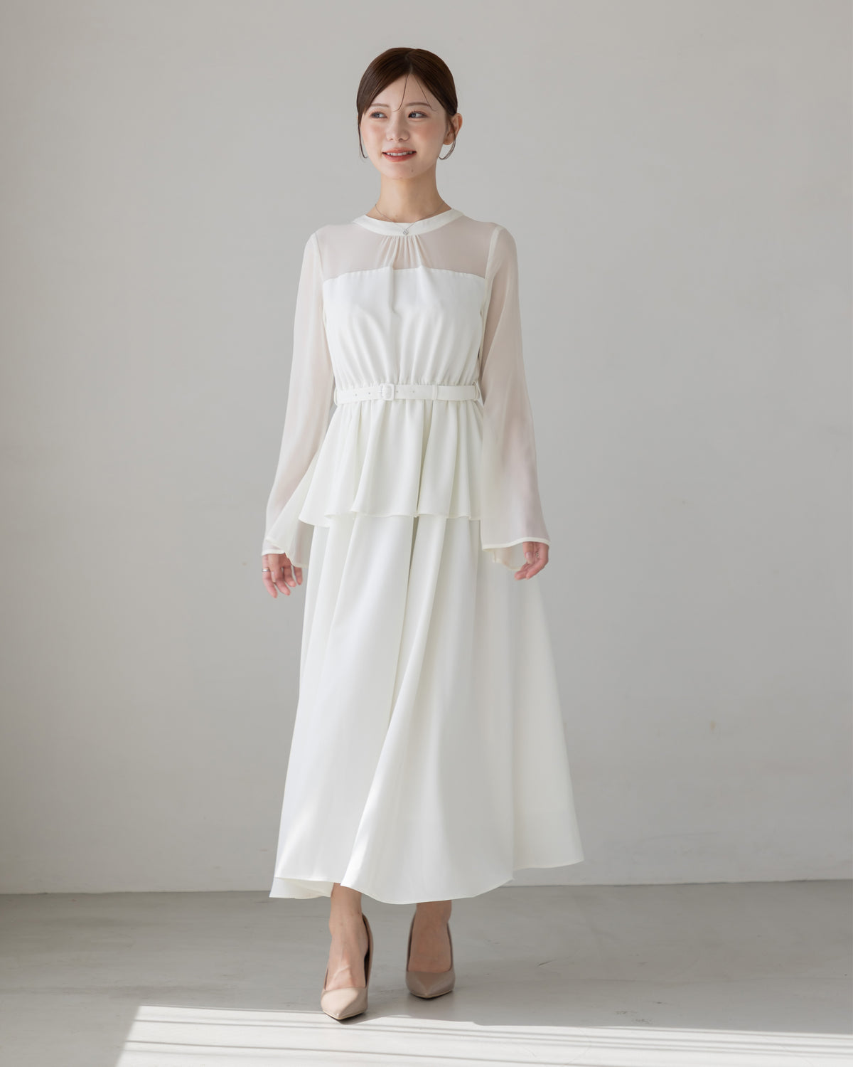 【SPECIAL10%OFF】ペプラムシフォンボリュームワンピース