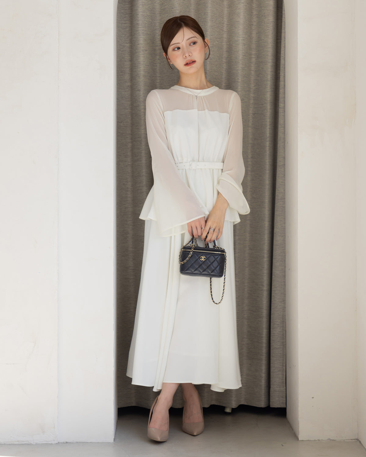 【SPECIAL10%OFF】ペプラムシフォンボリュームワンピース